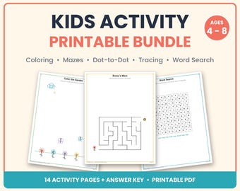 May include: A printable kids activity bundle for ages 4-8 featuring 14 pages including coloring, mazes, dot-to-dot, tracing, and word search. The document includes an answer key and is provided as a PDF with various activity sheets.