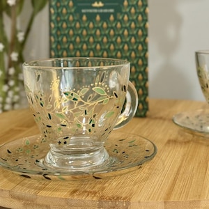 The Elizabeth Teacup & Saucer Set - Hand painted teacup and saucer with green leaves and gold outline - Luxury glassware - Limited number