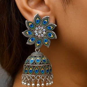 Boho Peacock Jhumka Earrings, Oxidized Silver Indian Jewelry, Ethnic Dangle Drop Earrings, Festival Wedding Party Gift for Her