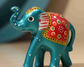 Hand Painted Wooden Elephant Figurine, Indian Boho Home Decor, Ethnic Lucky Elephant Gift