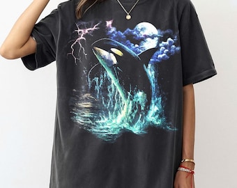Camiseta Y2k, camiseta gráfica vintage Orca Midnight de los 90, camiseta retro de orca, camiseta de relámpagos de vida silvestre oceánica de los 90, camiseta gráfica
