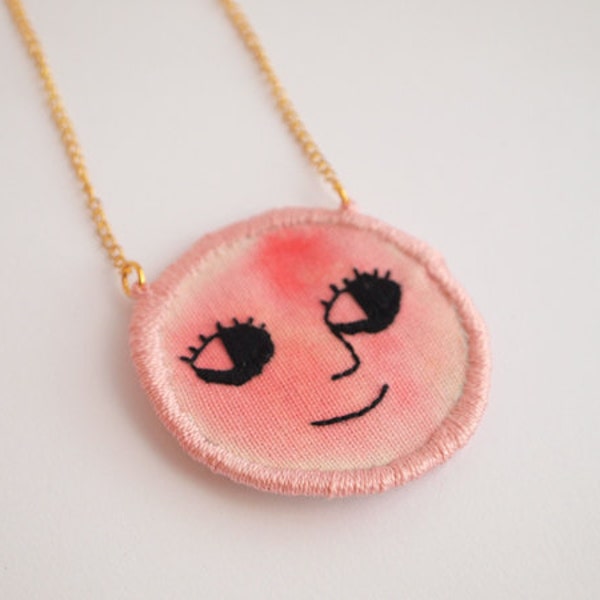 Happy Red Face, embroidered necklace