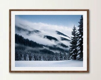 Winter Photo-Alpine Tranquility: Snow-Kissed Mountains & Evergreen Forest, Nature Photography PrintWinter Wall Art, Nature Photography, Fine