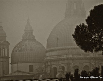 Venice Photography, Sepia Photography Church Dome in Italy, Rainy and Foggy Prints, Living Room Wall Art, Gifts for Travelers