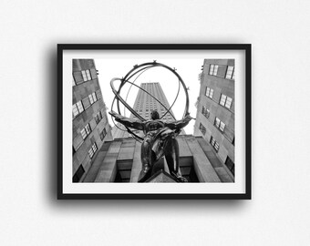 New York Skyline, New York City, New York Photography, New York Print, Atlas Man Photo, Black and White Photography, NYC Photography, NYC