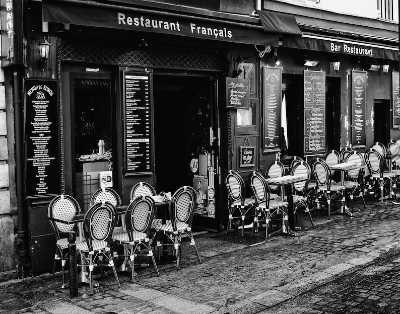Paris Cafe Photography, Black and White Wall Art (Unframed Print) image 2