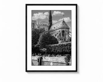 Notre Dame Cathedral Print, Black and White Paris Photography, Gothic Architecture Wall Art, France Travel Decor