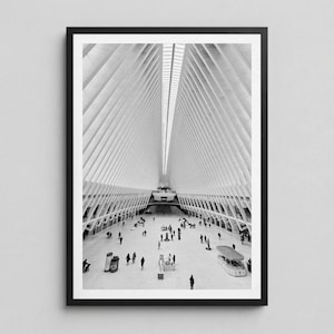 May include: Black and white framed photograph of a modern architectural interior. The image features a large, open space with a high, vaulted ceiling supported by white, angled beams. People are walking on the floor below.