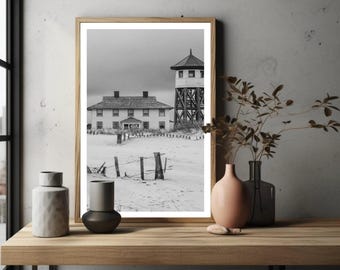 Outer Banks Beach House Photo, Black and White Coastal Dunes (Unframed)