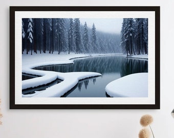 Winter Serenity- Snow-Covered Trees by the Frozen Lake - Nature Photography PrintWinter Wall Art, Nature Photography, Snow Photos, Fine Art