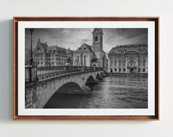 Zurich Cityscape Photo Print, Black and White European Wall Art