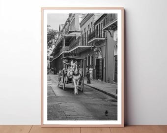 French Quarter Horse Carriage Print: Black and White New Orleans Photo