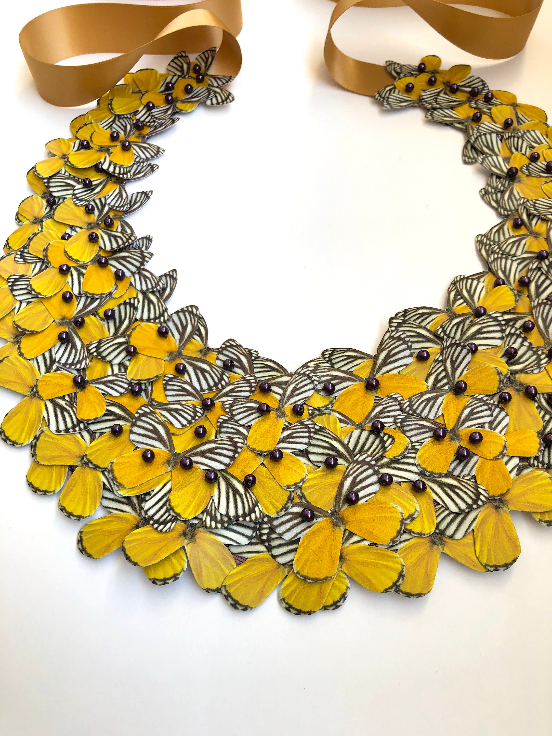 Bib Statement Necklace in Yellow With Dark Brown With Pearls - Etsy UK