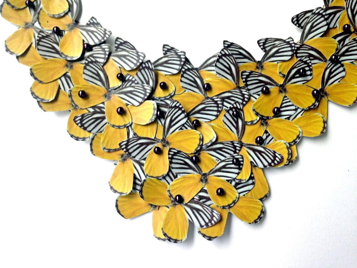 Bib Statement Necklace in Yellow With Pearls and Butterflies - Etsy