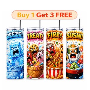 以下が含まれることがあります： ストロー付きの円筒形タンブラー4本。それぞれに「BREEZE!」「TREAT!」「FIRE!」「SUSHI!」という文字と漫画のキャラクターが描かれています。上部のバナーには「Buy 1 Get 3 FREE」と記載されています。デザインには氷、スイーツ、ファストフード、寿司が含まれています。
