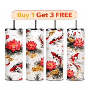 May include: Four cylindrical tumblers with straws, each featuring a white background decorated with red lotus flowers, swimming koi fish, and gold ingots. The text Buy 1 Get 3 FREE is displayed in a rectangular box above the tumblers.