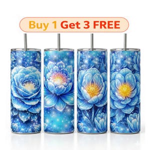 Puede incluir: Cuatro vasos de acero inoxidable con un diseño floral azul. Cada vaso presenta una vibrante flor azul con un centro amarillo sobre un fondo estrellado. El texto "Buy 1 Get 3 FREE" se muestra encima de los vasos.