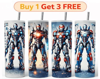 Mecha Robot Tumbler Wrap PNG Futuristic Sci Fi 20oz Skinny Sublimation Design