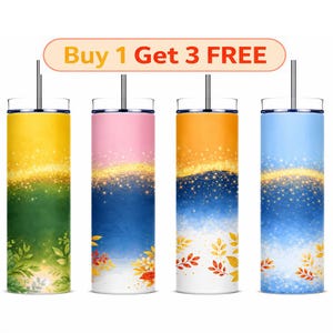 Puede incluir: Cuatro vasos cilíndricos altos con tapas y pajitas, cada uno con un diseño degradado y detalles de purpurina dorada. El texto Buy 1 Get 3 FREE aparece arriba. Los vasos muestran patrones de acuarela en verde, rosa, naranja y azul con hojas.