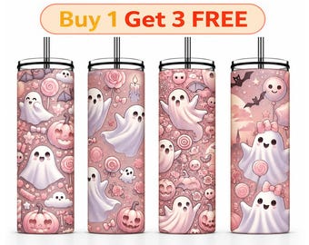 Pastel Ghost Tumbler PNG :Pink Kawaii 20oz Skinny Cup Sublimation Design, Digital Download