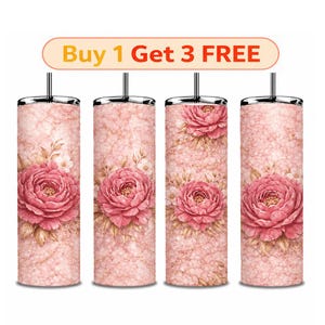 May include: Four cylindrical tumblers with straws, each featuring a pink marble background and a large pink peony flower graphic. The text Buy 1 Get 3 FREE is displayed in orange and red letters at the top of the image above the four tumblers.