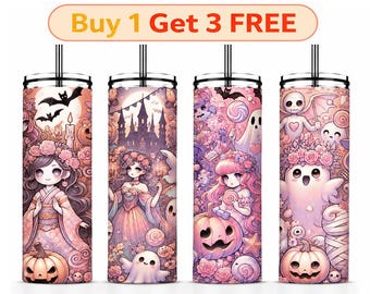 Enchanted Spirits Tumbler PNG: 20oz Skinny Halloween Wrap, Pastel Ghost Sublimation Design