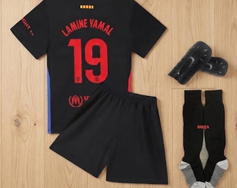 Youth Lamine Yamal #19 Soccer Jersey Kit, Black Football Uniform Set, Kids Sports Training