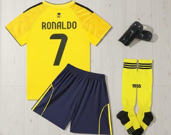 Riyadh Al Nassr Ronaldo #7 Soccer Jersey Set Kids Adults Football Kit Yellow Uniform Shorts Socks Breathable Training Outfit