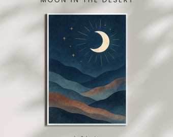 Boho Crescent Moon Desert Print | Celestial Wall Art | Night Sky Modern Decor | Digital Download