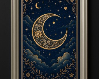 Cosmic Moon Digital Wall Art Print | Boho Celestial Starry Night Decor | Mystic Moon Phase Artwork | Printable Astrology Poster