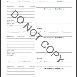 May include: A white paper log for Type 1 Diabetes, featuring sections for breakfast, lunch, and dinner. Includes spaces for time, glucose levels, Dexcom readings, ketones, food items, carbs, and calculations. The text "DO NOT COPY" is watermarked across the image.