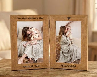 Marco de fotos doble de madera personalizado, marco de fotos con grabado personalizado, decoración personalizada para el hogar para cualquier ocasión, regalo para el primer Día de la Madre.