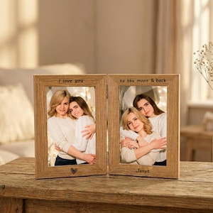 Porta-retratos de madeira personalizado, porta-retratos duplo com gravação personalizada, porta-retratos duplo gravado, presente de Dia das Mães da filha