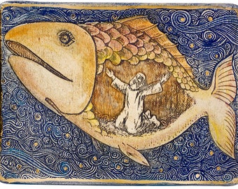 Jonah and the Whale. Hand made  ceramic wal hanging decor