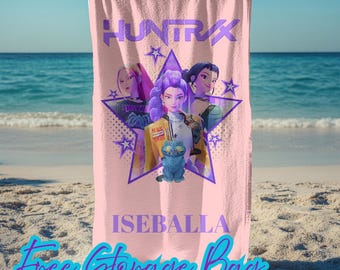 Asciugamano da spiaggia Huntrix personalizzato, asciugamano personalizzato ispirato a Kpop Hunter con nome, asciugamano da piscina anime, regalo per fan Kpop per viaggio, regalo per le vacanze estive