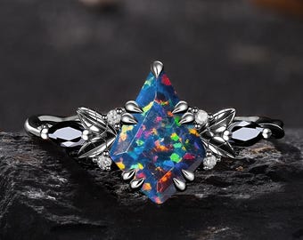 Gothic Fire Black Opal Engagement Ring For Women Cluster ring Wedding Gifts Handmade Jewelry