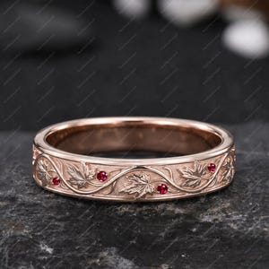Vintage Ahornblatt Rose Gold Herrenring Rubin Ehering Natur inspiriert ewigen Design Versprechen Ring für ihn Geschenk für sie Schmuck