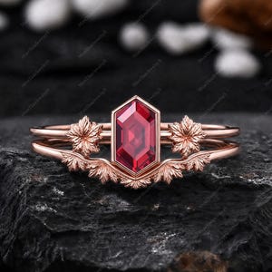 Unique Long Hexagon Cut Ruby Maple Leaf Ring Engagement Ring Sets Rose Gold Bezel Setting Solitaire Promise Ring  Bridal Sets Gift For Her
