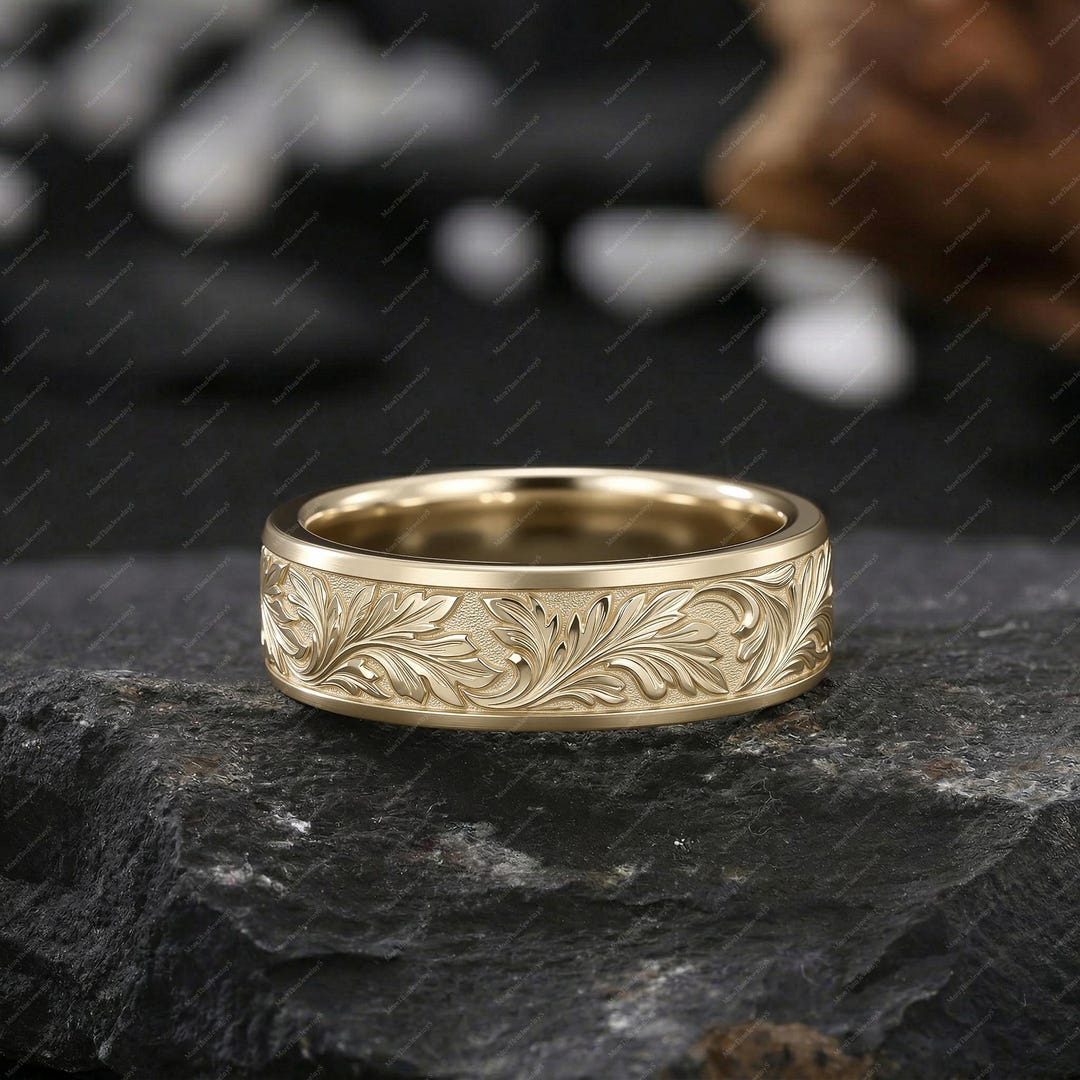Men's Rings Leaf Pattern Vintage Leaf Solid 14K Yellow Gold Mens Ring Wedding Band Nature ...