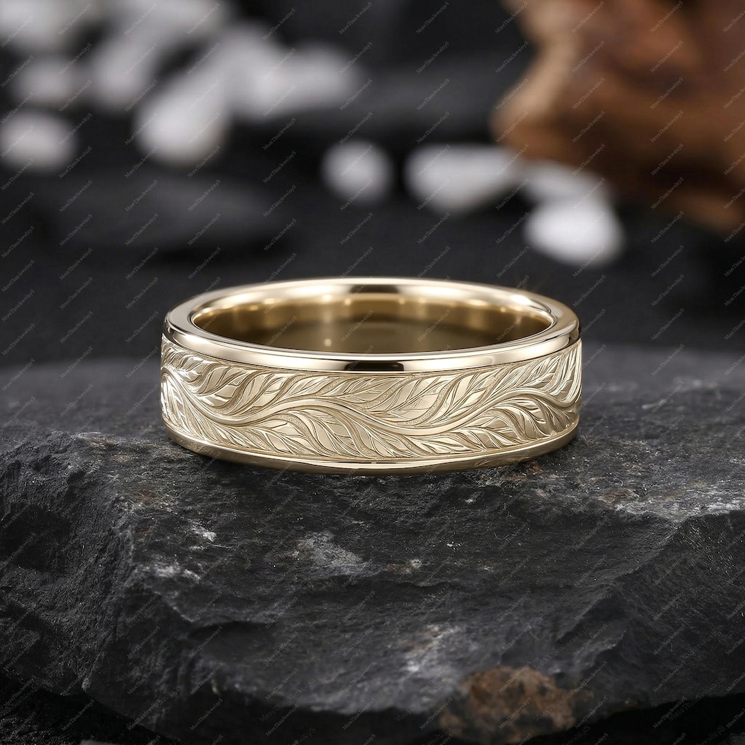 Men's Rings Leaf Pattern Vintage Leaf Solid 14K Yellow Gold Mens Ring Wedding Band Nature ...