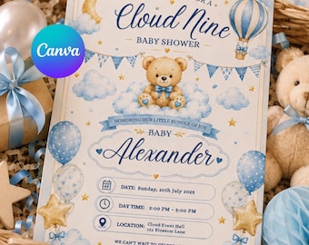 Cloud Nine Baby Shower Invitation, Editable Teddy Bear Boy Invite (Digital Download)