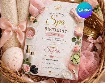 Spa Birthday Invitation, Girls Pamper Party, Sleepover Invite, Canva Template (Digital Download)