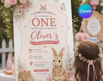 Bunny 1st Birthday Invitation, Some Bunny Turning One, Editable Canva Template (5x7) Inch)