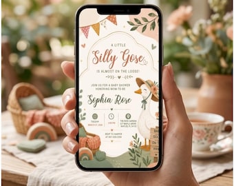 Little Goose Baby Shower Invitation | Green Gingham Editable Canva Template (Digital Download)