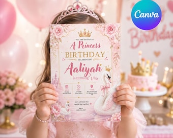 Swan Princess Birthday Invitation, Elegant Girls Party Invite (Canva Template)