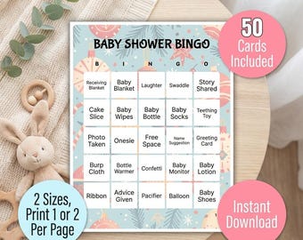 Baby Shower Bingo Cards, 50 Unique Game Cards, Neutral Party Activity (PDF Download)