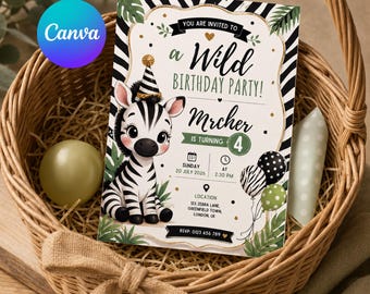Zebra Wild Birthday Invitation, Safari Jungle Party, Editable Canva Template (5x7 Inch)