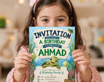 Sea Turtle Birthday Invitation, Ocean Party, Editable Canva Template (5x7 Inch)