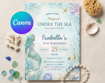 Editable Mermaid Birthday Invitation, Under the Sea Party Invite (Digital Template)