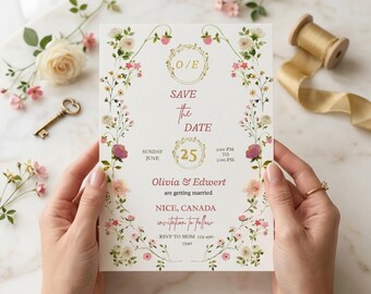 Editable Wildflower Wedding Invitation Template, Boho Floral, Rustic Meadow (Digital Download)
